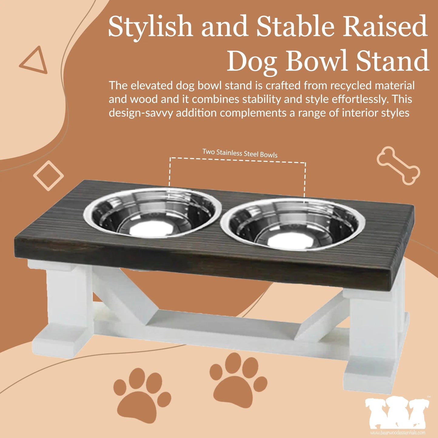 2 Bowl Elevated Dog Stand - Best Raised Dog Feeder with Stained Top BearwoodEssentials-Elevated Pet Feeders