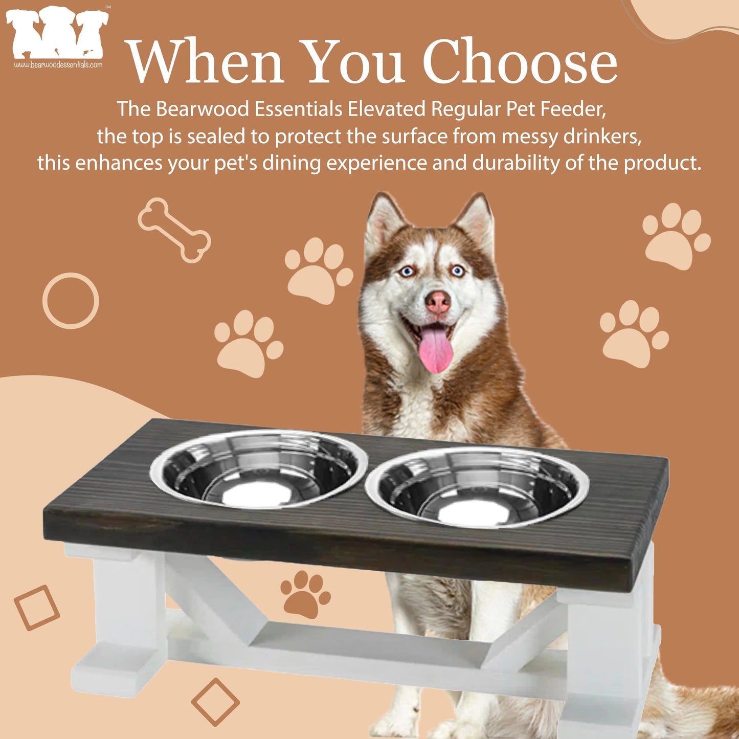 2 Bowl Elevated Dog Stand - Best Raised Dog Feeder with Stained Top BearwoodEssentials-Elevated Pet Feeders