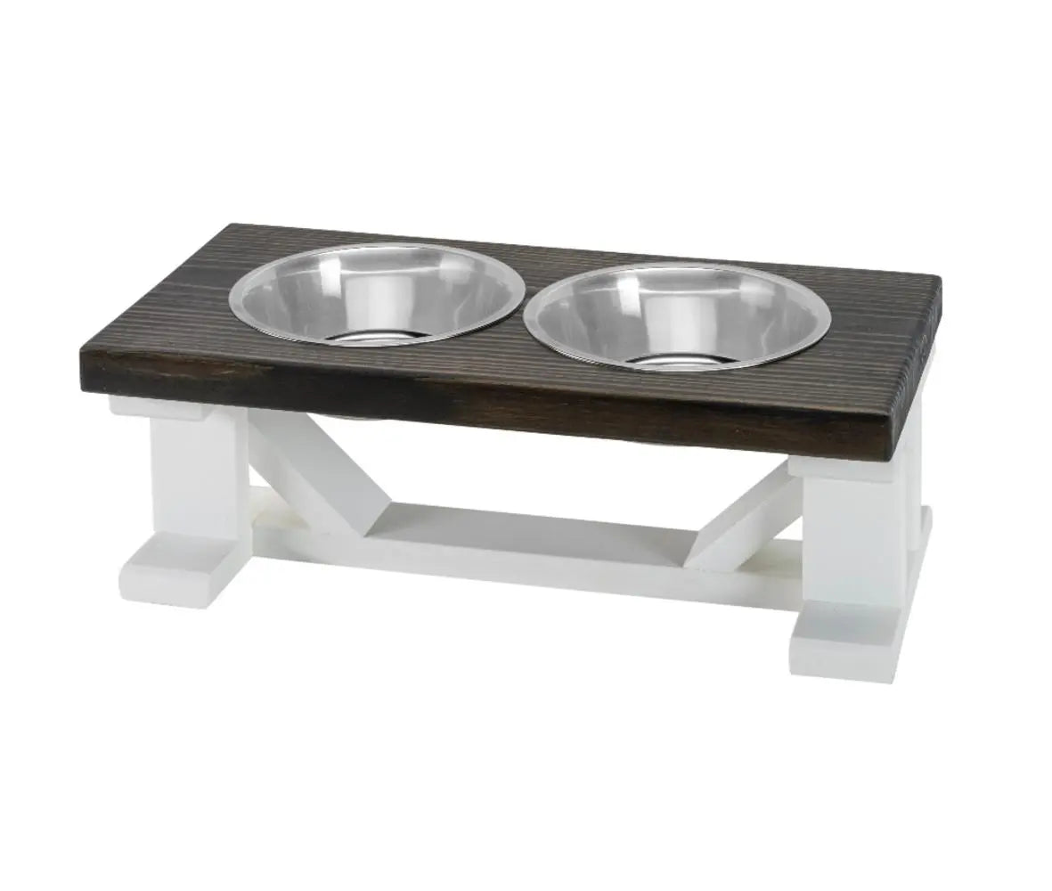 2 Bowl Elevated Dog Stand, Best Raised Dog Feeder with Stained Top - White Base BearwoodEssentials-Elevated Pet Feeders