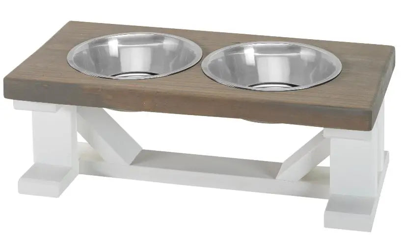 2 Bowl Elevated Dog Stand, Best Raised Dog Feeder with Stained Top - White Base BearwoodEssentials-Elevated Pet Feeders