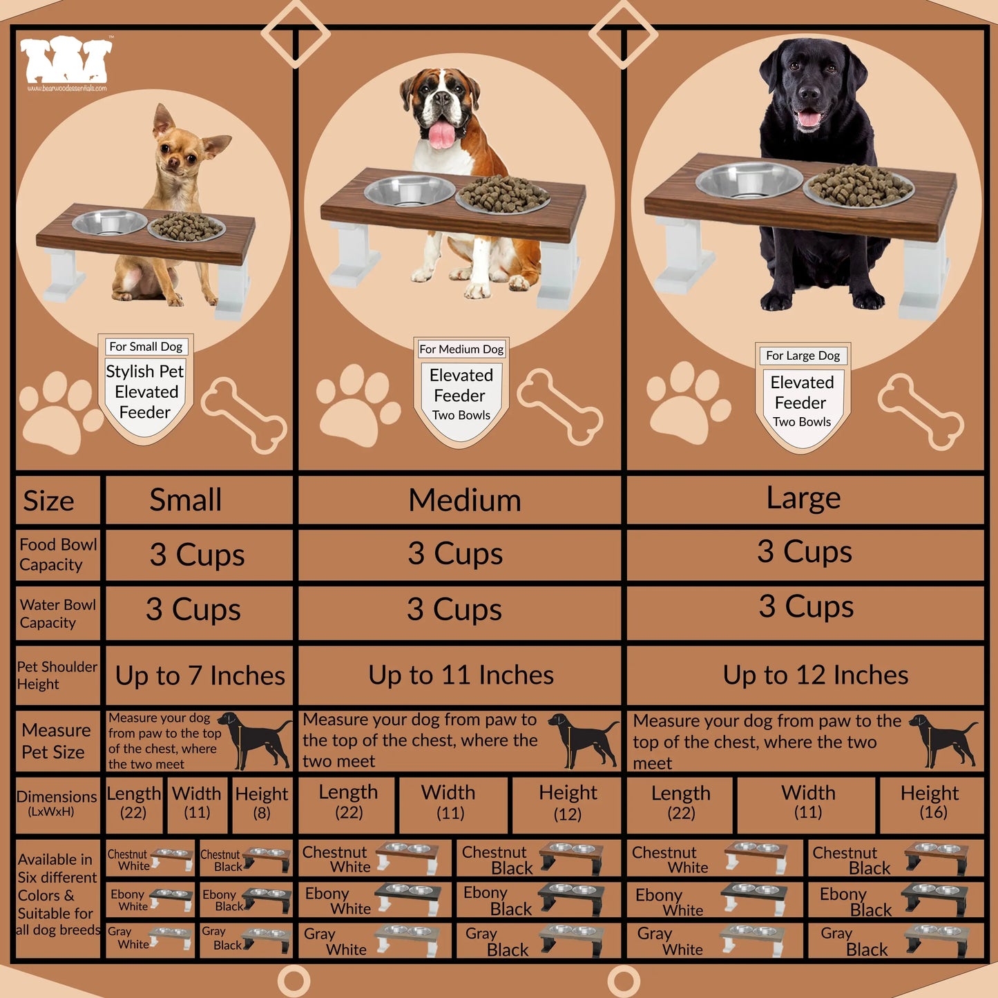 2 Bowl Elevated Regular Feeder - New Design - White Base BearwoodEssentials-Elevated Pet Feeders