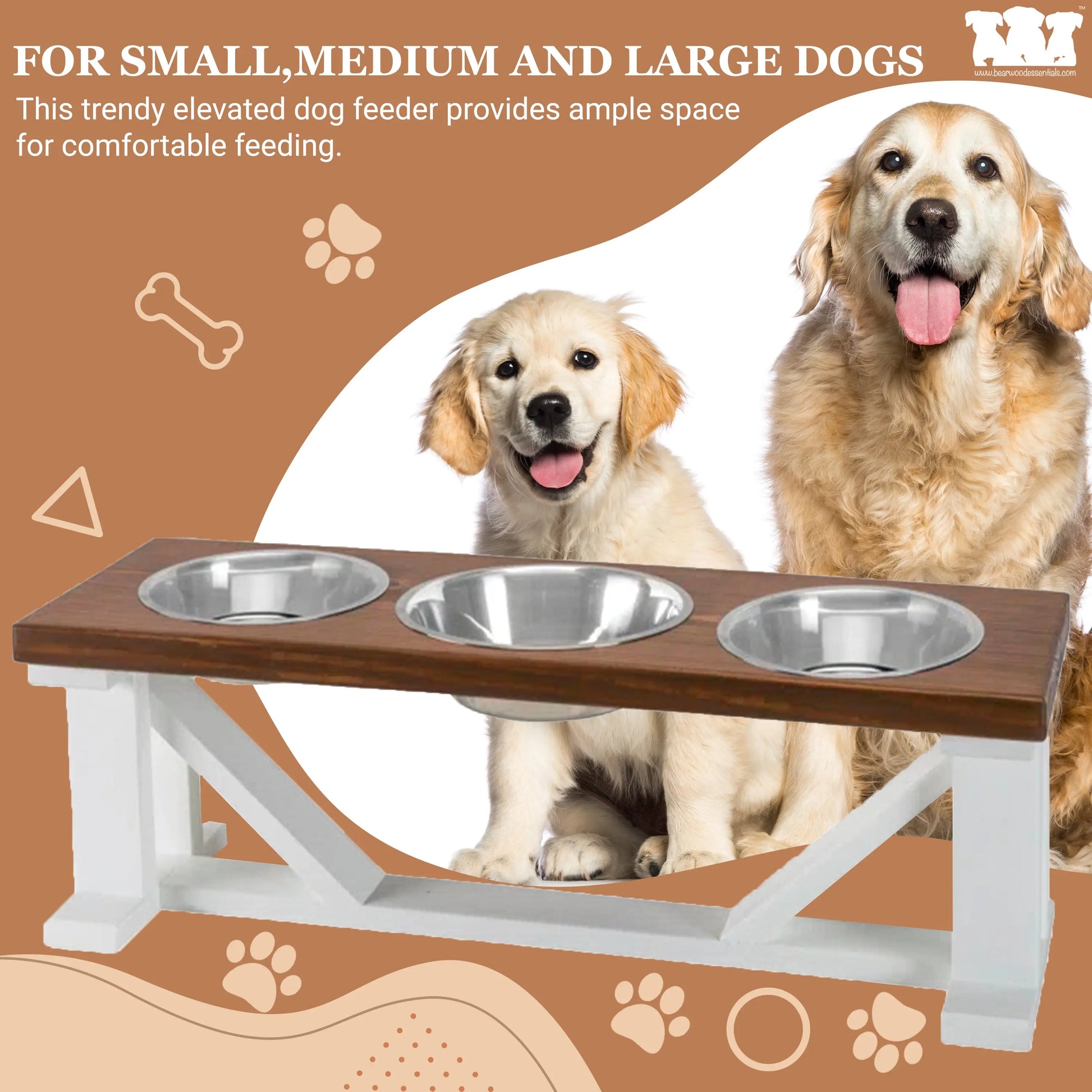3 Bowl Dog Feeder and Stand Best Triple Diner Feeder For Your Pet - White Base BearwoodEssentials-Elevated Pet Feeders