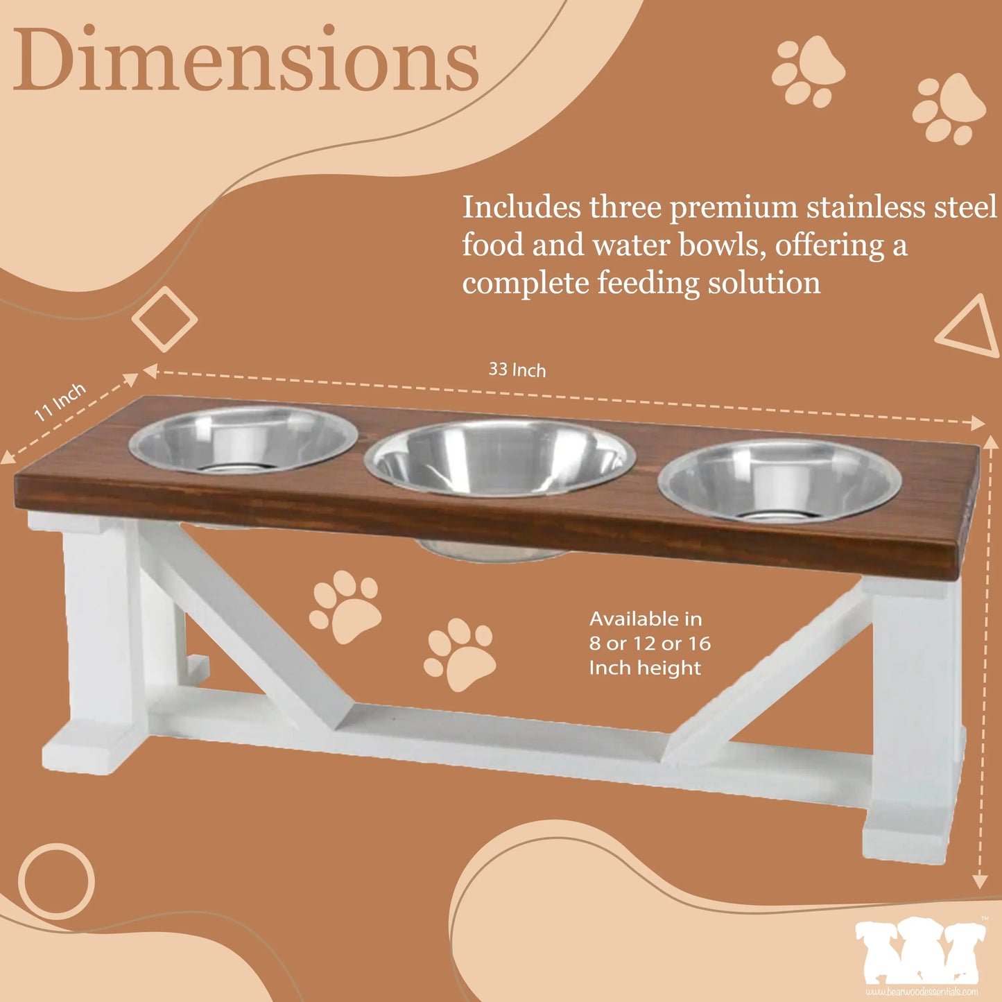3 Bowl Dog Feeder and Stand Best Triple Diner Feeder For Your Pet - White Base BearwoodEssentials-Elevated Pet Feeders