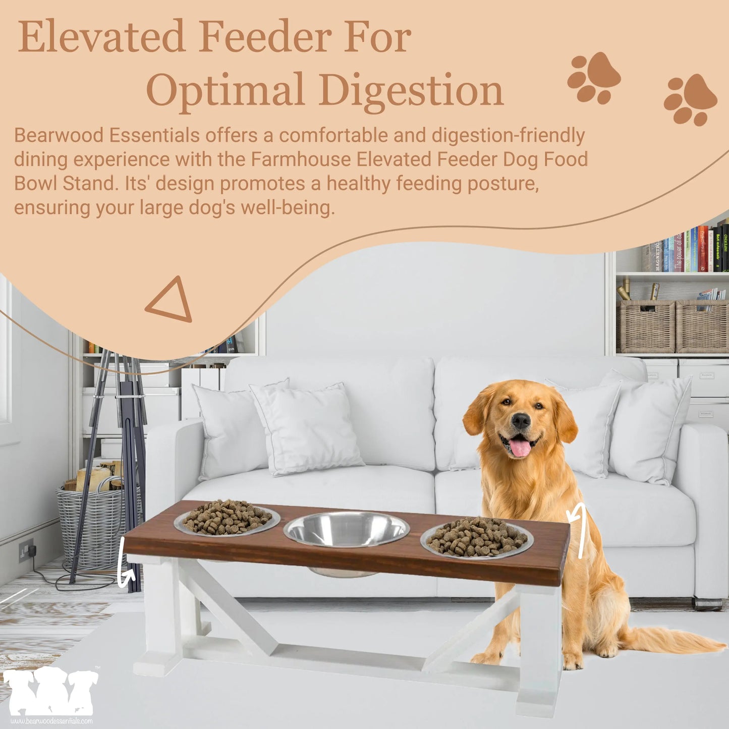 3 Bowl Dog Feeder and Stand Best Triple Diner Feeder For Your Pet - White Base BearwoodEssentials-Elevated Pet Feeders