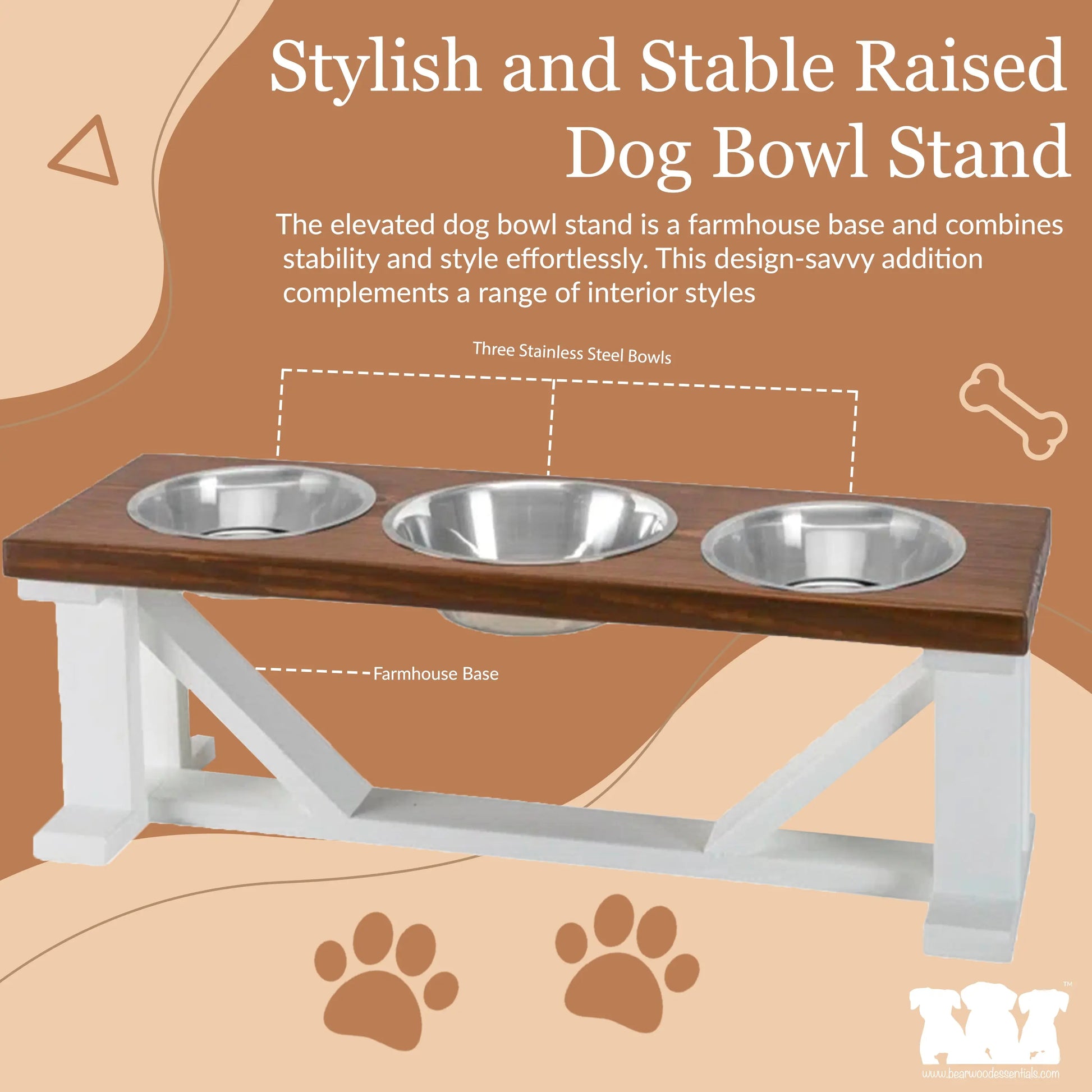 3 Bowl Dog Feeder and Stand Best Triple Diner Feeder For Your Pet - White Base BearwoodEssentials-Elevated Pet Feeders