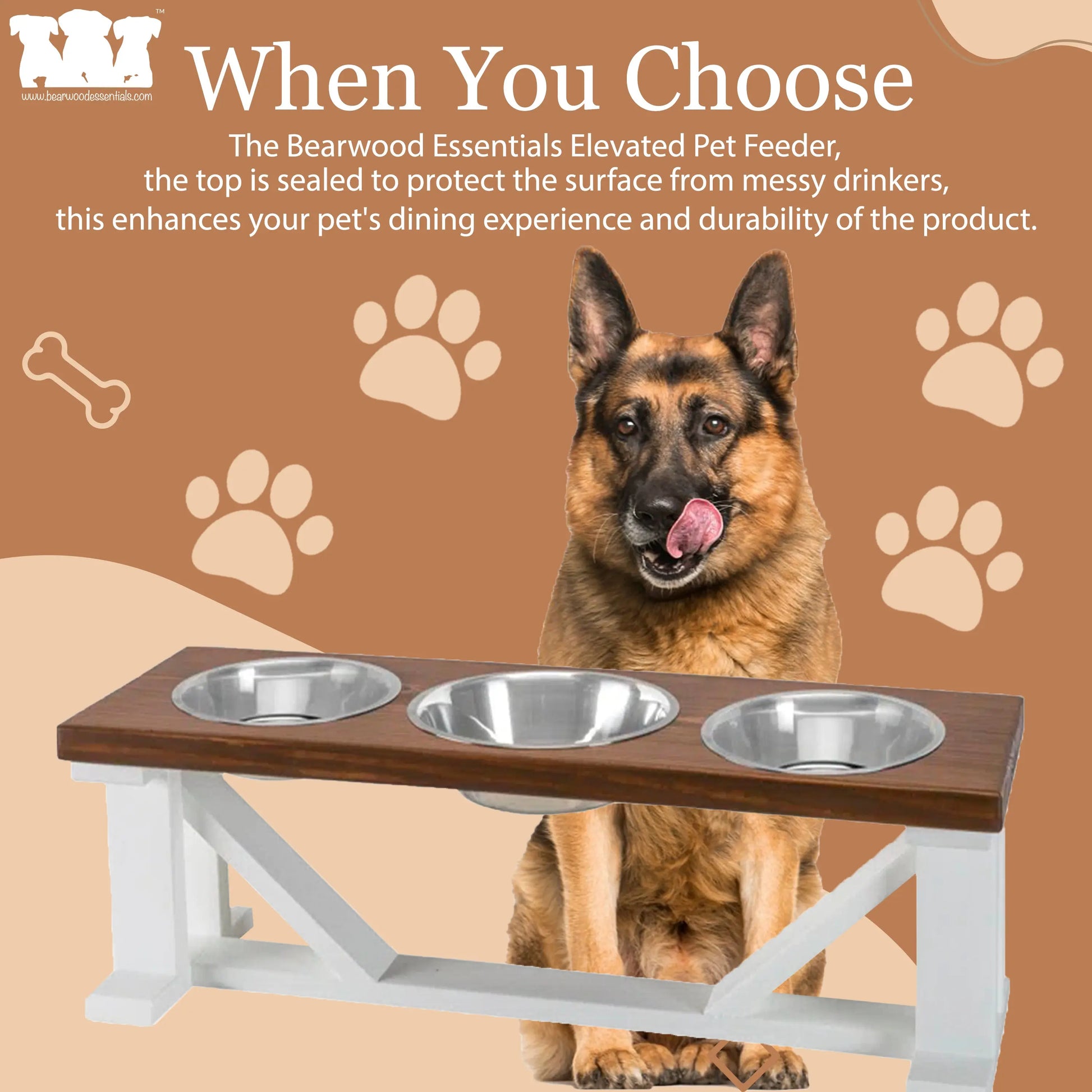 3 Bowl Dog Feeder and Stand Best Triple Diner Feeder For Your Pet - White Base BearwoodEssentials-Elevated Pet Feeders
