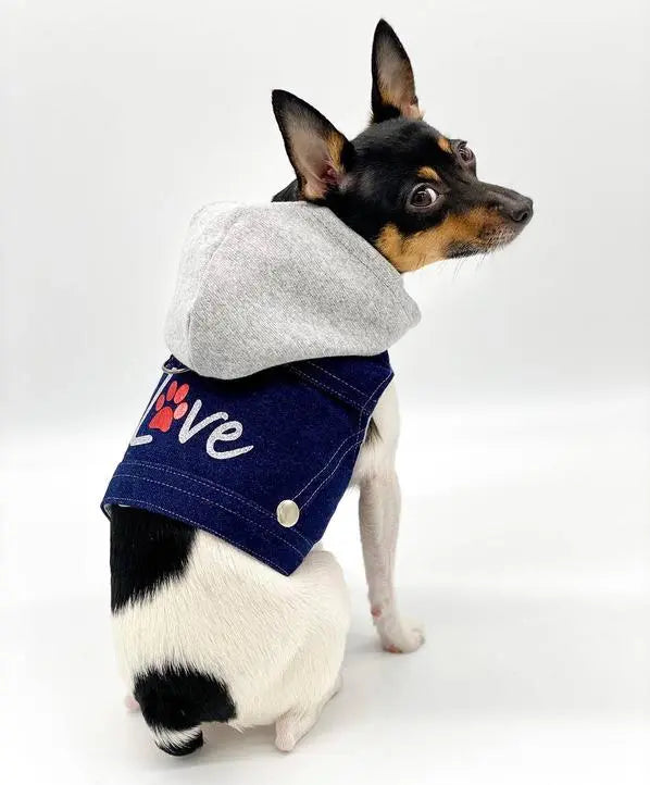 Denim Hoodie "Love" Harness Vest BearwoodEssentials-Elevated Pet Feeders