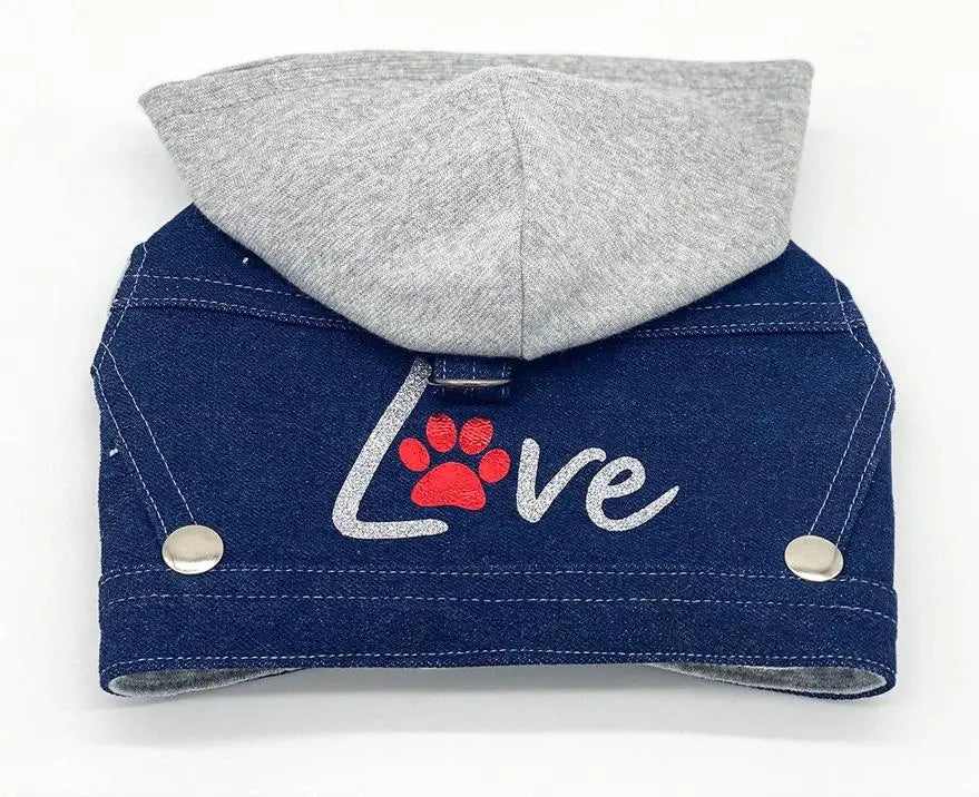 Denim Hoodie "Love" Harness Vest BearwoodEssentials-Elevated Pet Feeders