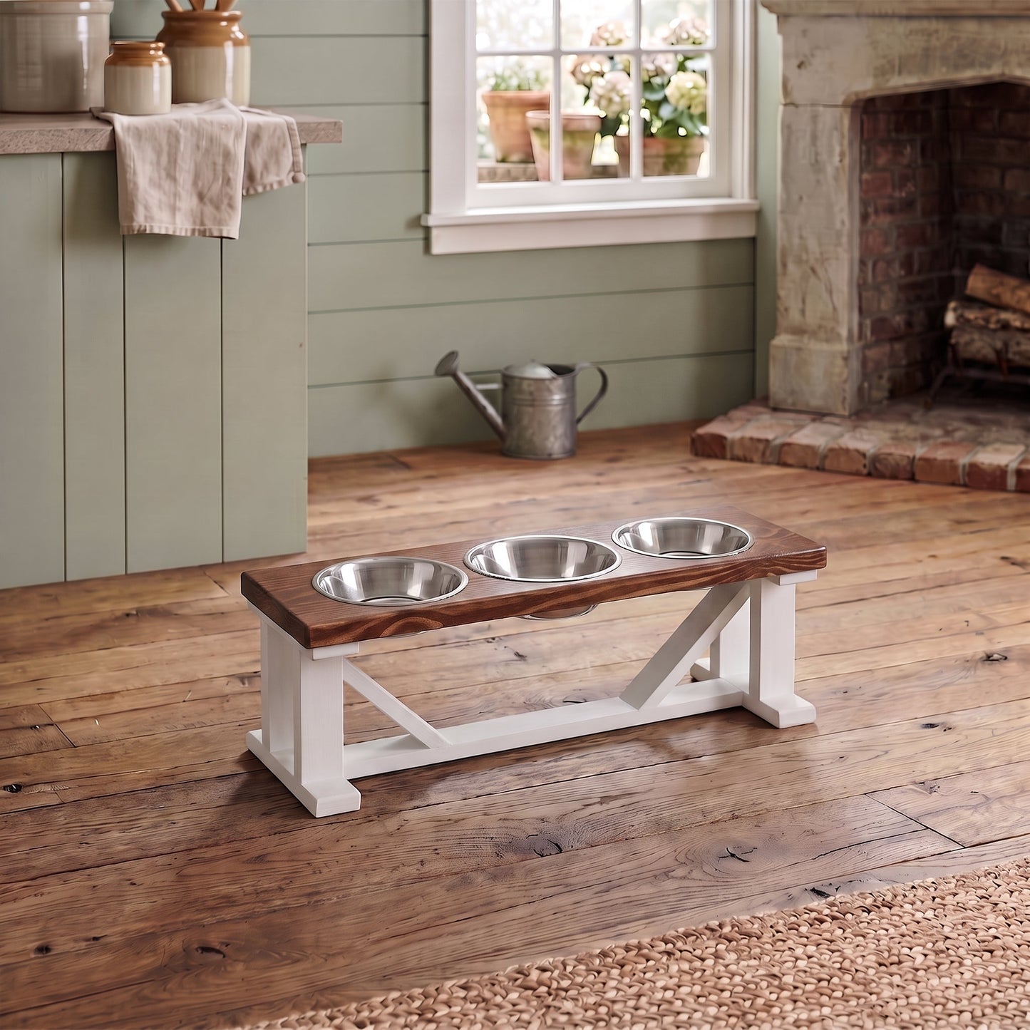 3 Bowl Dog Feeder and Stand Best Triple Diner Feeder For Your Pet - White Base BearwoodEssentials-Elevated Pet Feeders