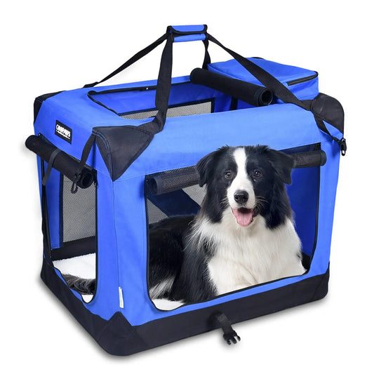JESPET Soft Pet Crates Kennel, 3 Door Soft Sided Folding Travel Pet Carrier with Straps and Fleece Mat for Dogs, Cats, Rabbits, Indoor/Outdoor Use with Grey, Blue & Beige, Black BearwoodEssentials-Elevated Pet Feeders