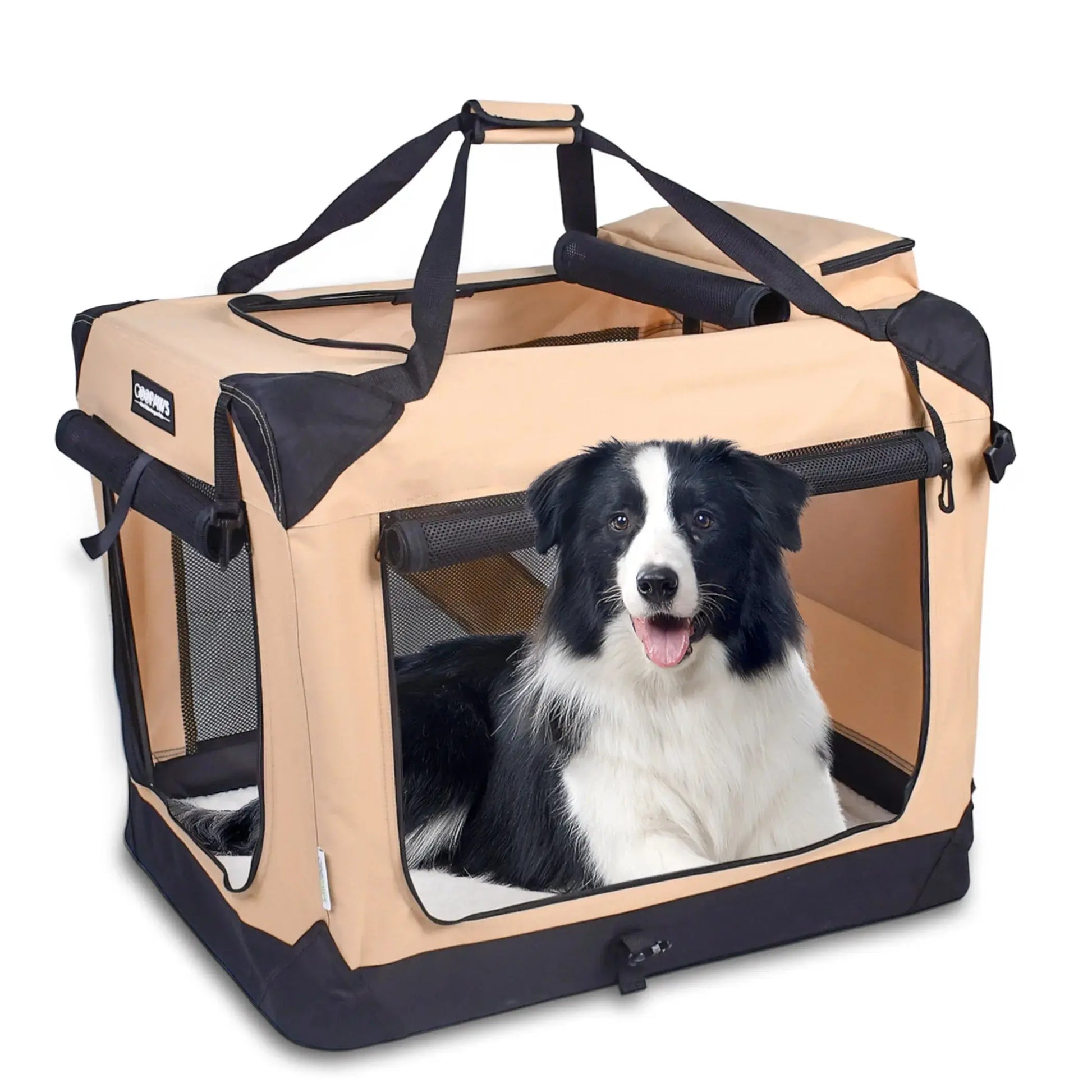 JESPET Soft Pet Crates Kennel, 3 Door Soft Sided Folding Travel Pet Carrier with Straps and Fleece Mat for Dogs, Cats, Rabbits, Indoor/Outdoor Use with Grey, Blue & Beige, Black BearwoodEssentials-Elevated Pet Feeders
