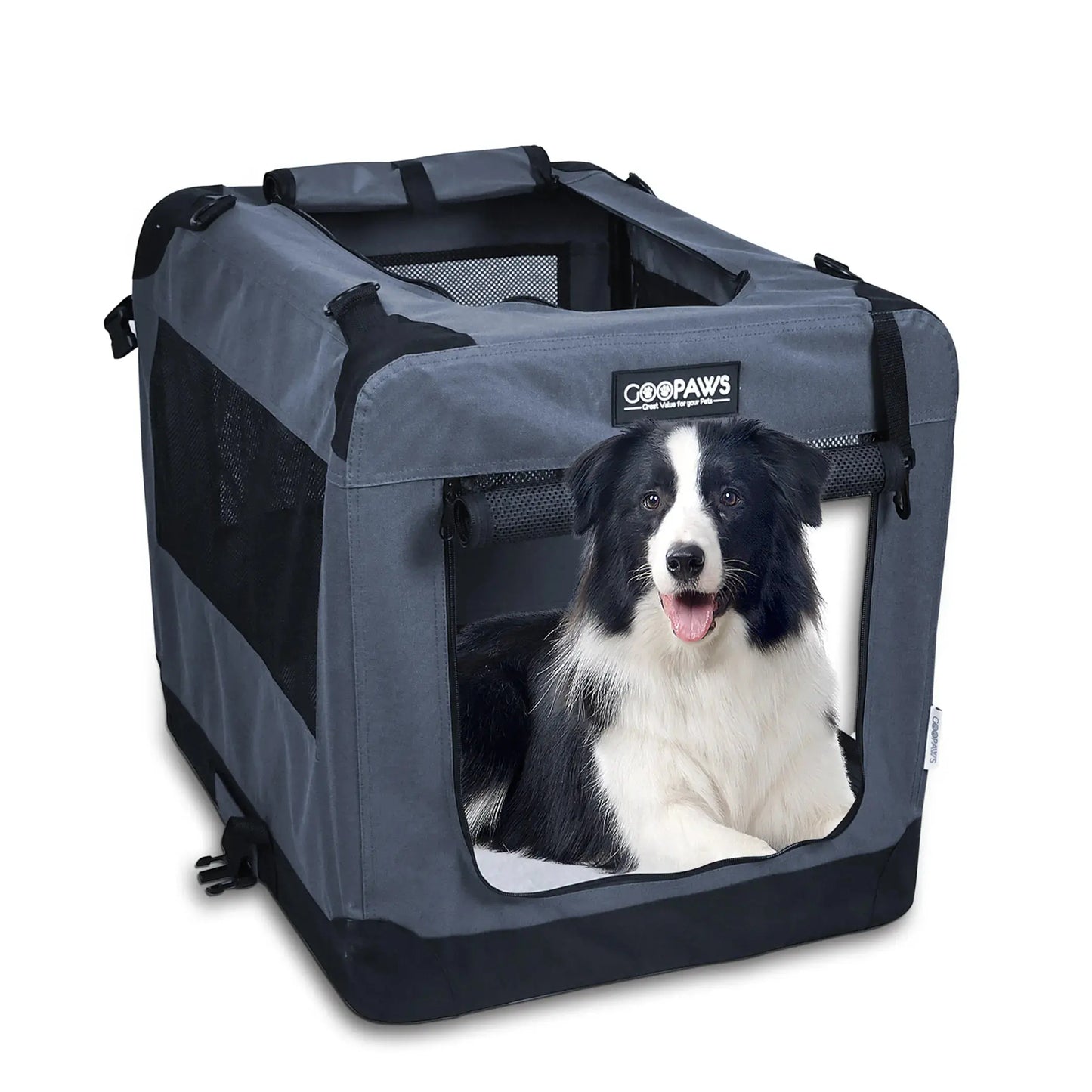 JESPET Soft Pet Crates Kennel, 3 Door Soft Sided Folding Travel Pet Carrier with Straps and Fleece Mat for Dogs, Cats, Rabbits, Indoor/Outdoor Use with Grey, Blue & Beige, Black BearwoodEssentials-Elevated Pet Feeders
