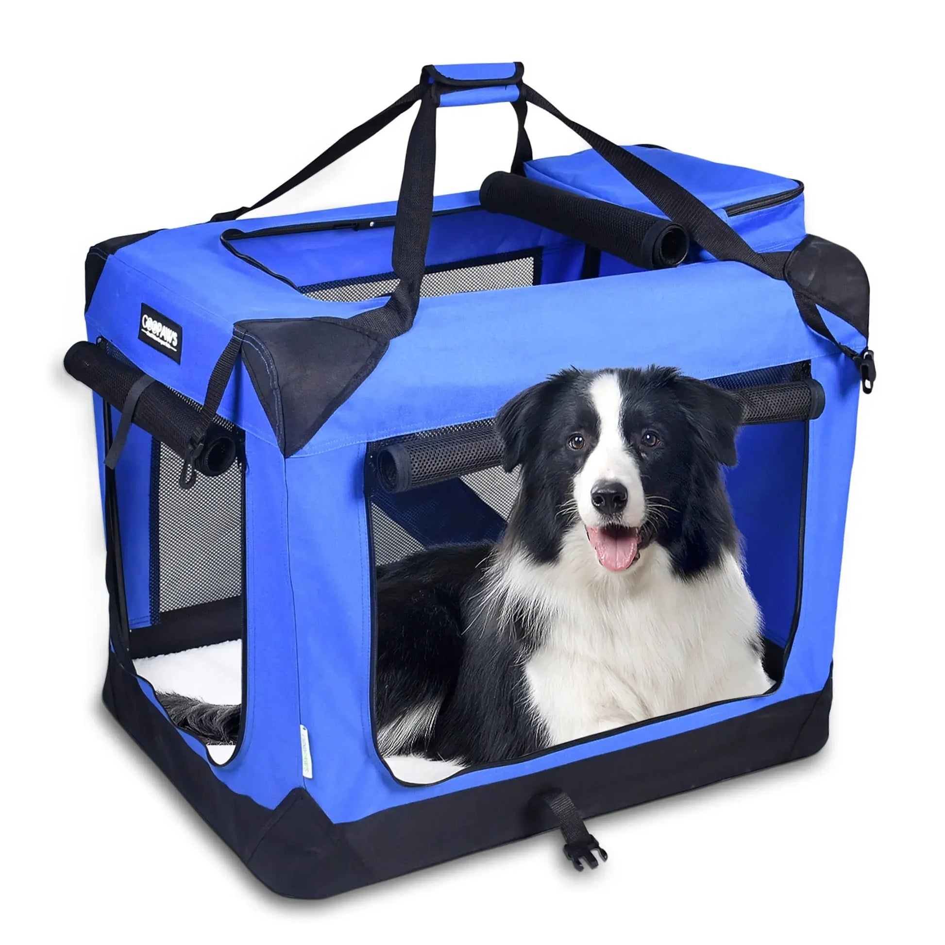 JESPET Soft Pet Crates Kennel, 3 Door Soft Sided Folding Travel Pet Carrier with Straps and Fleece Mat for Dogs, Cats, Rabbits, Indoor/Outdoor Use with Grey, Blue & Beige, Black BearwoodEssentials-Elevated Pet Feeders