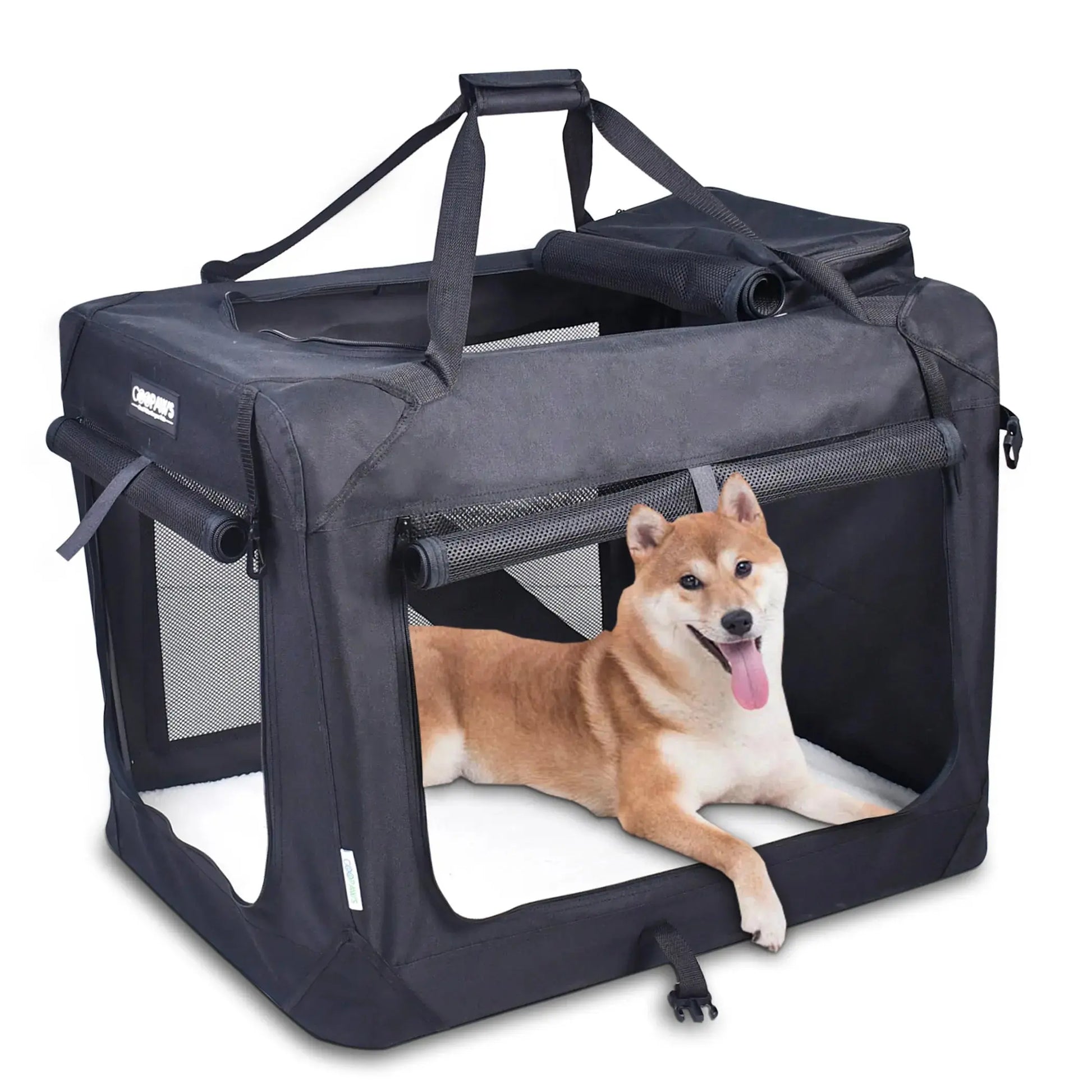 JESPET Soft Pet Crates Kennel, 3 Door Soft Sided Folding Travel Pet Carrier with Straps and Fleece Mat for Dogs, Cats, Rabbits, Indoor/Outdoor Use with Grey, Blue & Beige, Black BearwoodEssentials-Elevated Pet Feeders