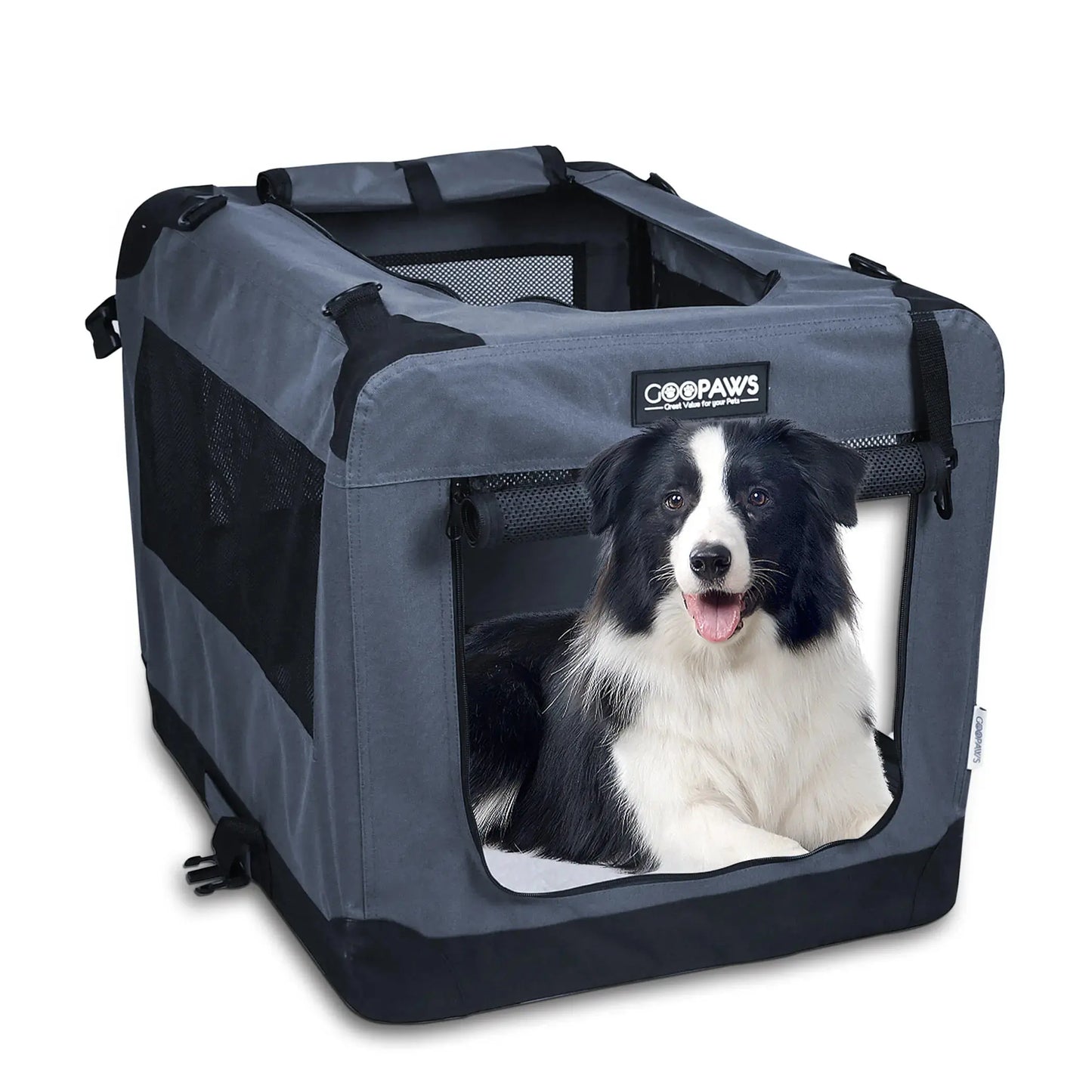 JESPET Soft Pet Crates Kennel, 3 Door Soft Sided Folding Travel Pet Carrier with Straps and Fleece Mat for Dogs, Cats, Rabbits, Indoor/Outdoor Use with Grey, Blue & Beige, Black BearwoodEssentials-Elevated Pet Feeders