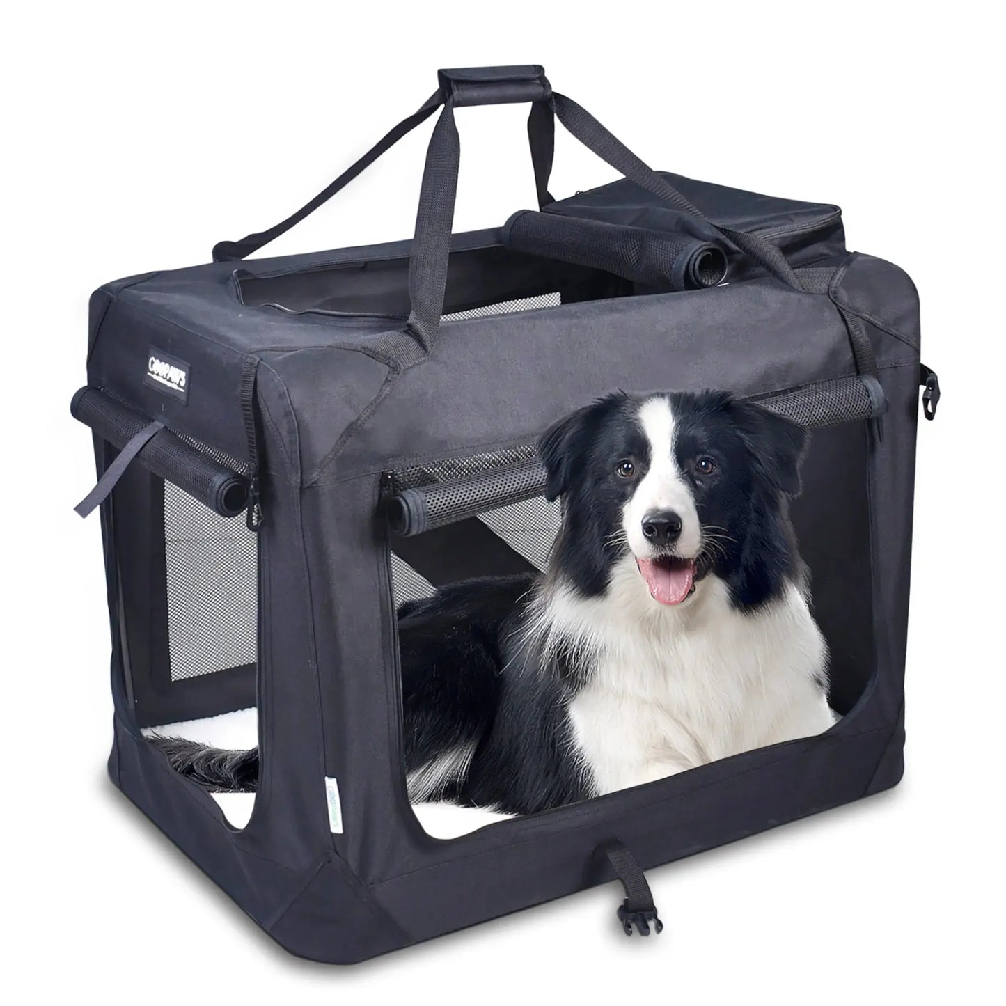 JESPET Soft Pet Crates Kennel, 3 Door Soft Sided Folding Travel Pet Carrier with Straps and Fleece Mat for Dogs, Cats, Rabbits, Indoor/Outdoor Use with Grey, Blue & Beige, Black BearwoodEssentials-Elevated Pet Feeders