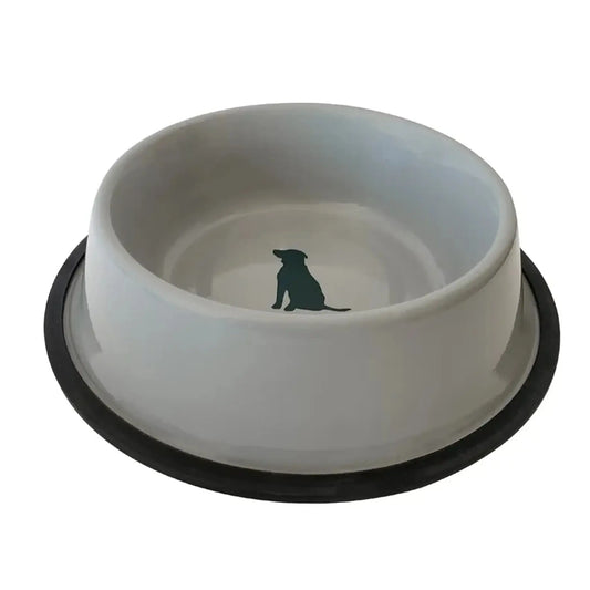 Non Skid Cool Gray Bowl with Teal Dog Design American Pet Supplies