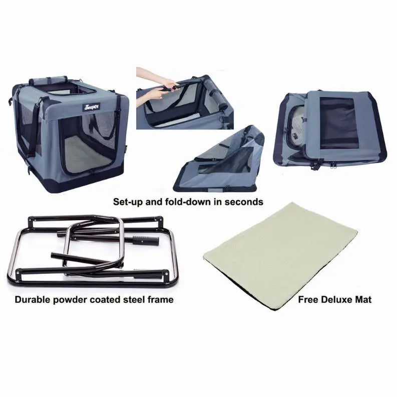 JESPET Soft Pet Crates Kennel, 3 Door Soft Sided Folding Travel Pet Carrier with Straps and Fleece Mat for Dogs, Cats, Rabbits, Indoor/Outdoor Use with Grey, Blue & Beige, Black BearwoodEssentials-Elevated Pet Feeders