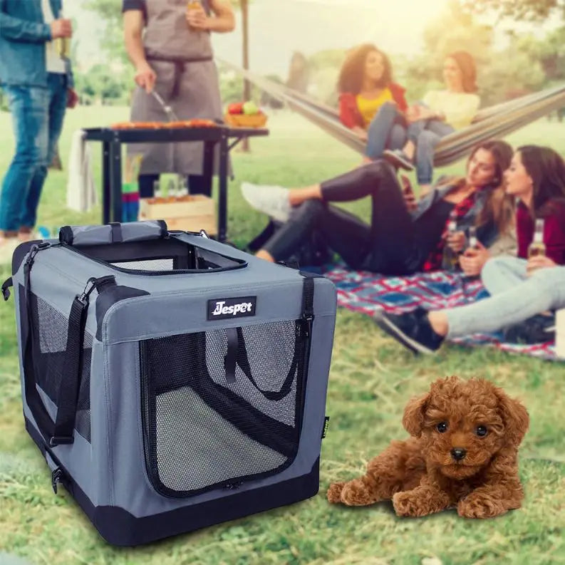 JESPET Soft Pet Crates Kennel, 3 Door Soft Sided Folding Travel Pet Carrier with Straps and Fleece Mat for Dogs, Cats, Rabbits, Indoor/Outdoor Use with Grey, Blue & Beige, Black BearwoodEssentials-Elevated Pet Feeders