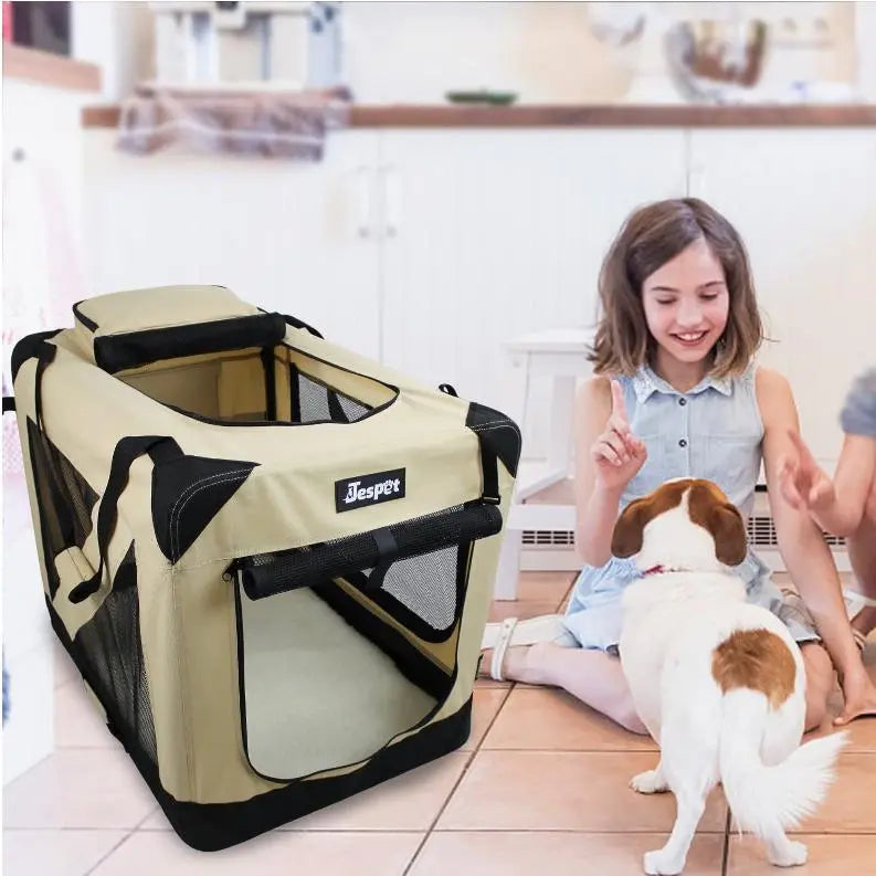 JESPET Soft Pet Crates Kennel, 3 Door Soft Sided Folding Travel Pet Carrier with Straps and Fleece Mat for Dogs, Cats, Rabbits, Indoor/Outdoor Use with Grey, Blue & Beige, Black BearwoodEssentials-Elevated Pet Feeders