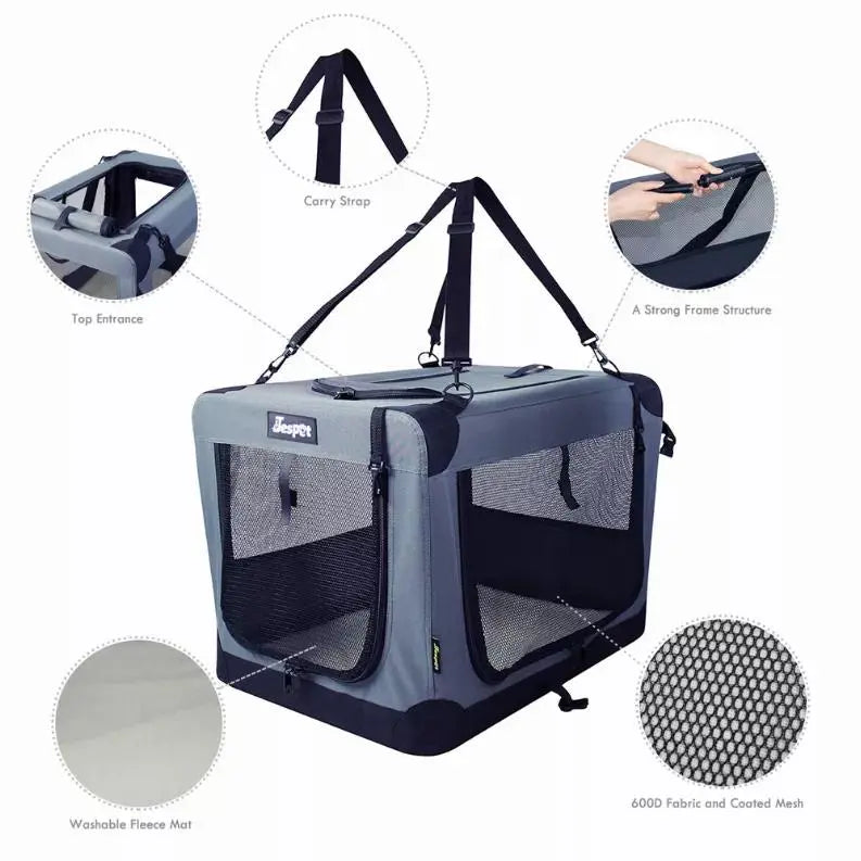JESPET Soft Pet Crates Kennel, 3 Door Soft Sided Folding Travel Pet Carrier with Straps and Fleece Mat for Dogs, Cats, Rabbits, Indoor/Outdoor Use with Grey, Blue & Beige, Black BearwoodEssentials-Elevated Pet Feeders