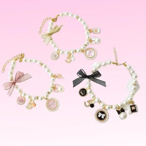Pearls and Bow Charm Necklace BearwoodEssentials-Elevated Pet Feeders