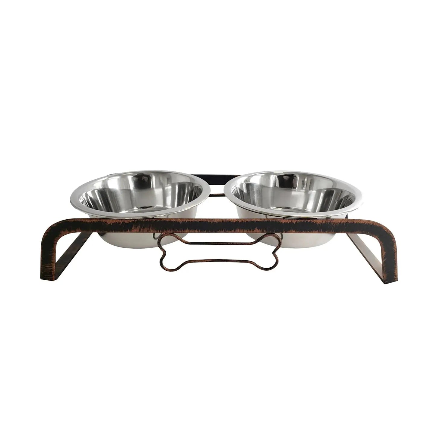 Rustic Dog Bone Feeder with 2 Stainless Steel Dog Bowls American Pet Supplies