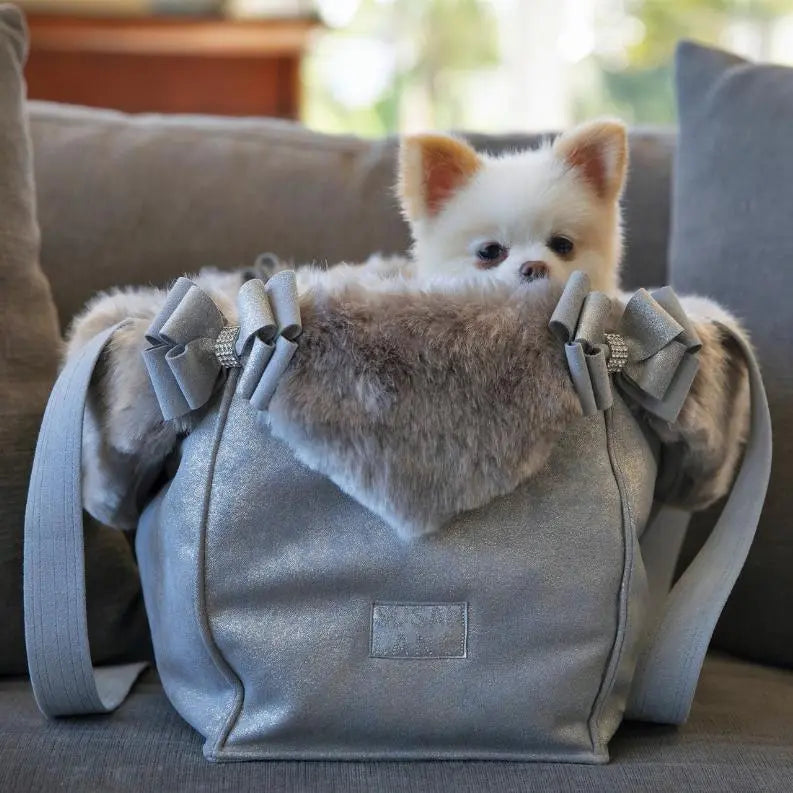 Susan Lanci Designs Platinum Glitzerati Double Nouveau Bow Luxury Carrier with Fur Trim BearwoodEssentials-Elevated Pet Feeders