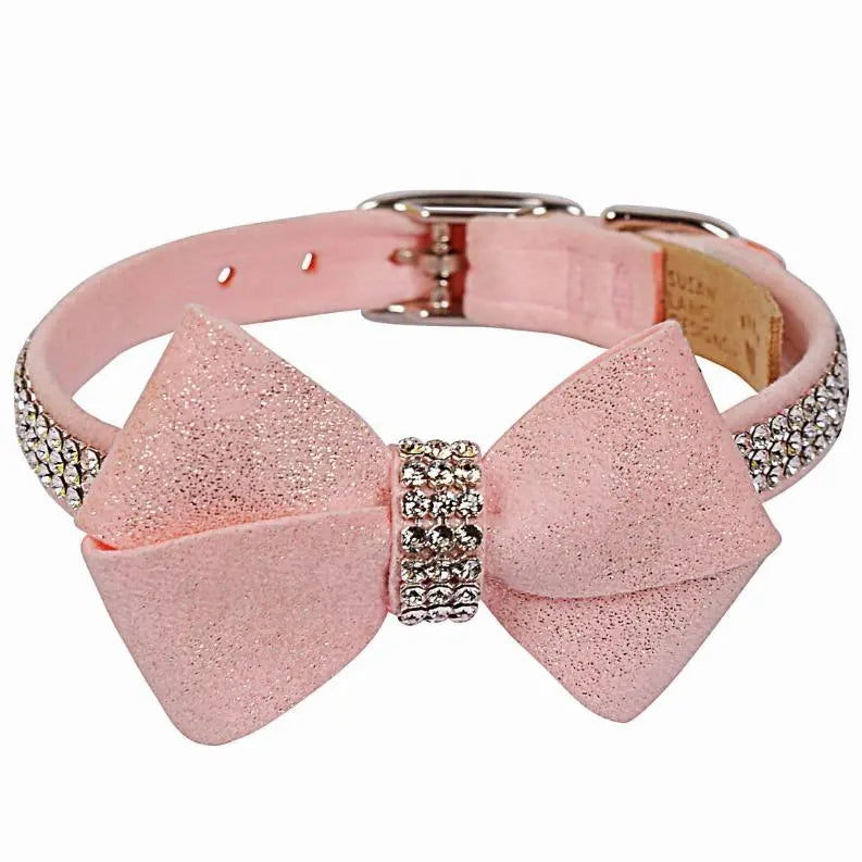 Susan Lanci Designs Puppy Pink Glitzerati Nouveau Bow 3 Row Giltmore Collar BearwoodEssentials-Elevated Pet Feeders
