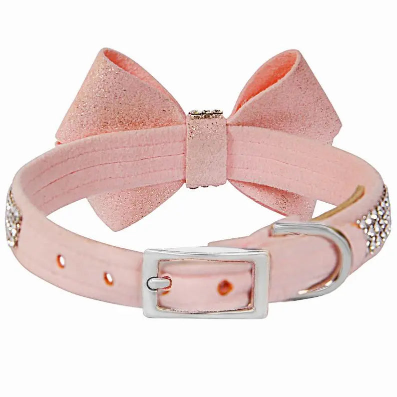 Susan Lanci Designs Puppy Pink Glitzerati Nouveau Bow 3 Row Giltmore Collar BearwoodEssentials-Elevated Pet Feeders