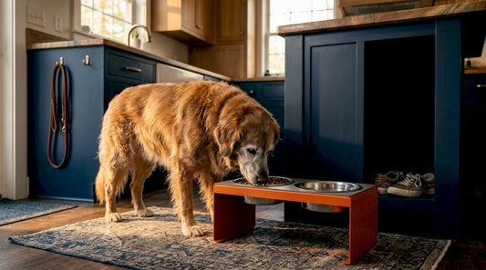 Senior dog eating from raised feeder in kitchen