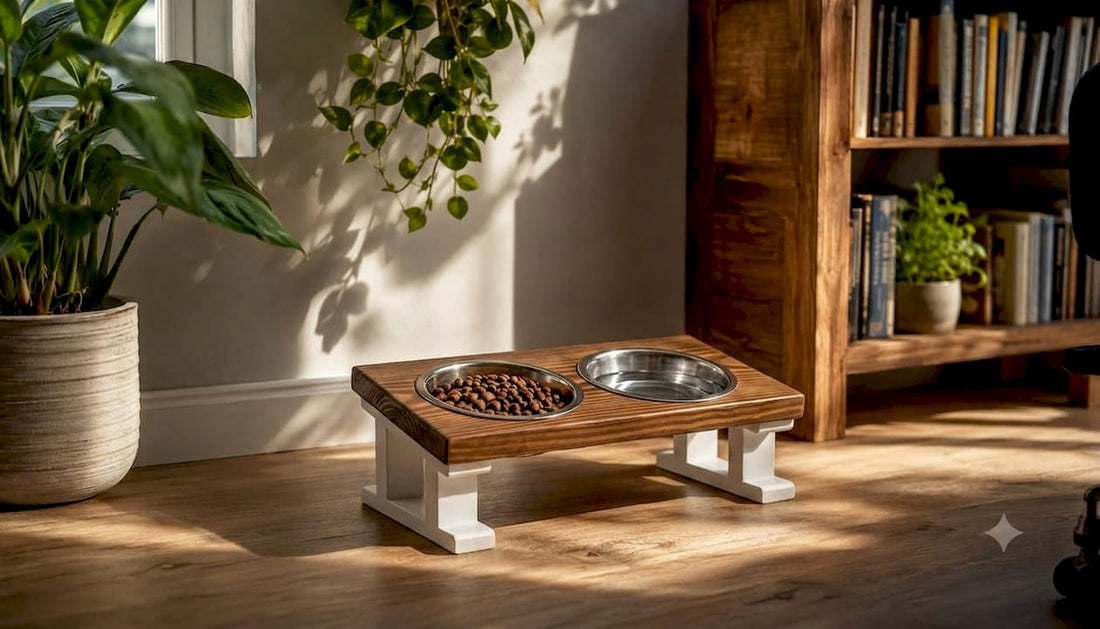Handcrafted wooden pet feeder close-up