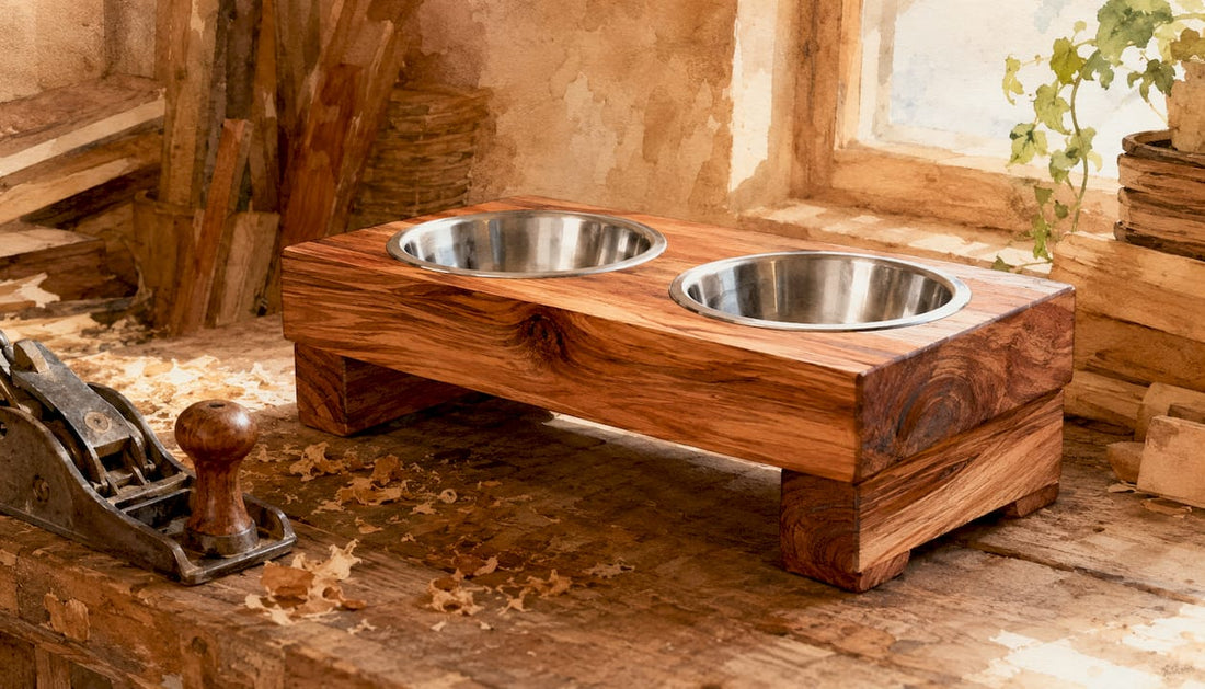 Line art rustic wooden pet feeder with natural textures