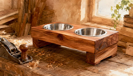 Line art rustic wooden pet feeder with natural textures