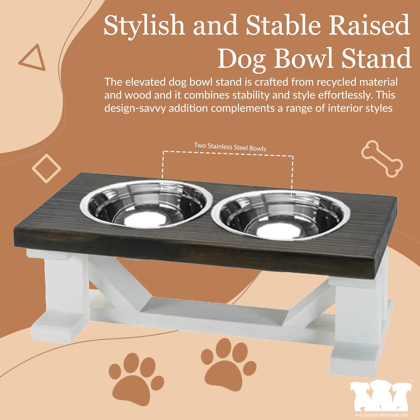 2 Bowl Elevated Dog Stand - Best Raised Dog Feeder with Stained Top BearwoodEssentials-Elevated Pet Feeders