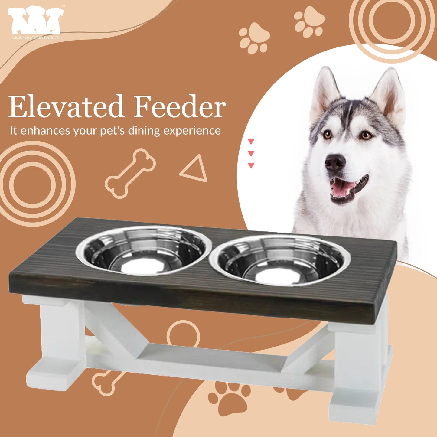 2 Bowl Elevated Dog Stand - Best Raised Dog Feeder with Stained Top BearwoodEssentials-Elevated Pet Feeders