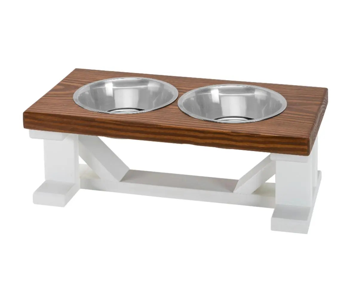 2 Bowl Elevated Dog Stand, Best Raised Dog Feeder with Stained Top - White Base BearwoodEssentials-Elevated Pet Feeders