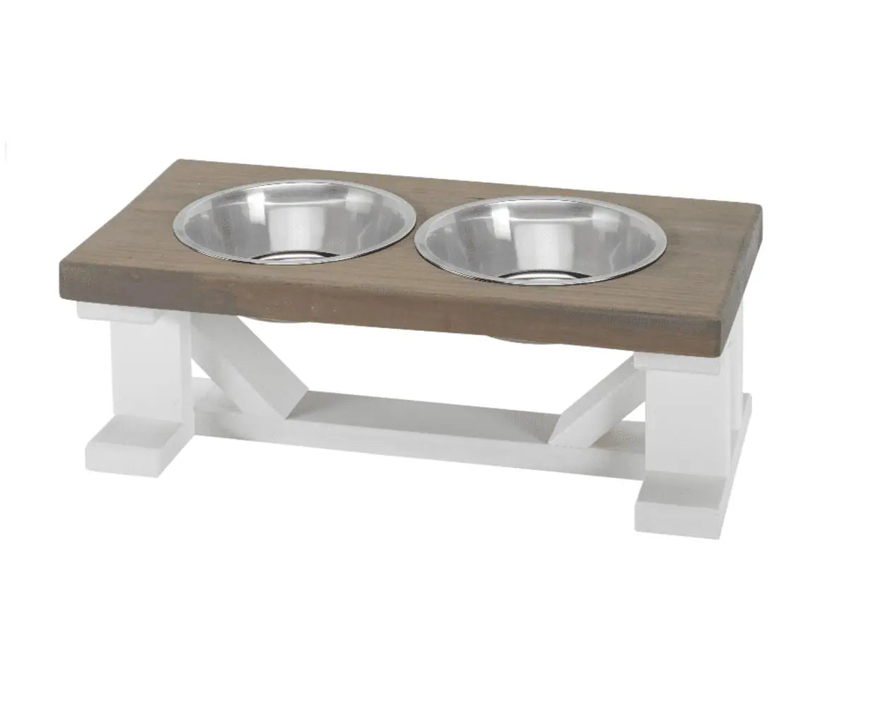 2 Bowl Elevated Dog Stand, Best Raised Dog Feeder with Stained Top - White Base BearwoodEssentials-Elevated Pet Feeders