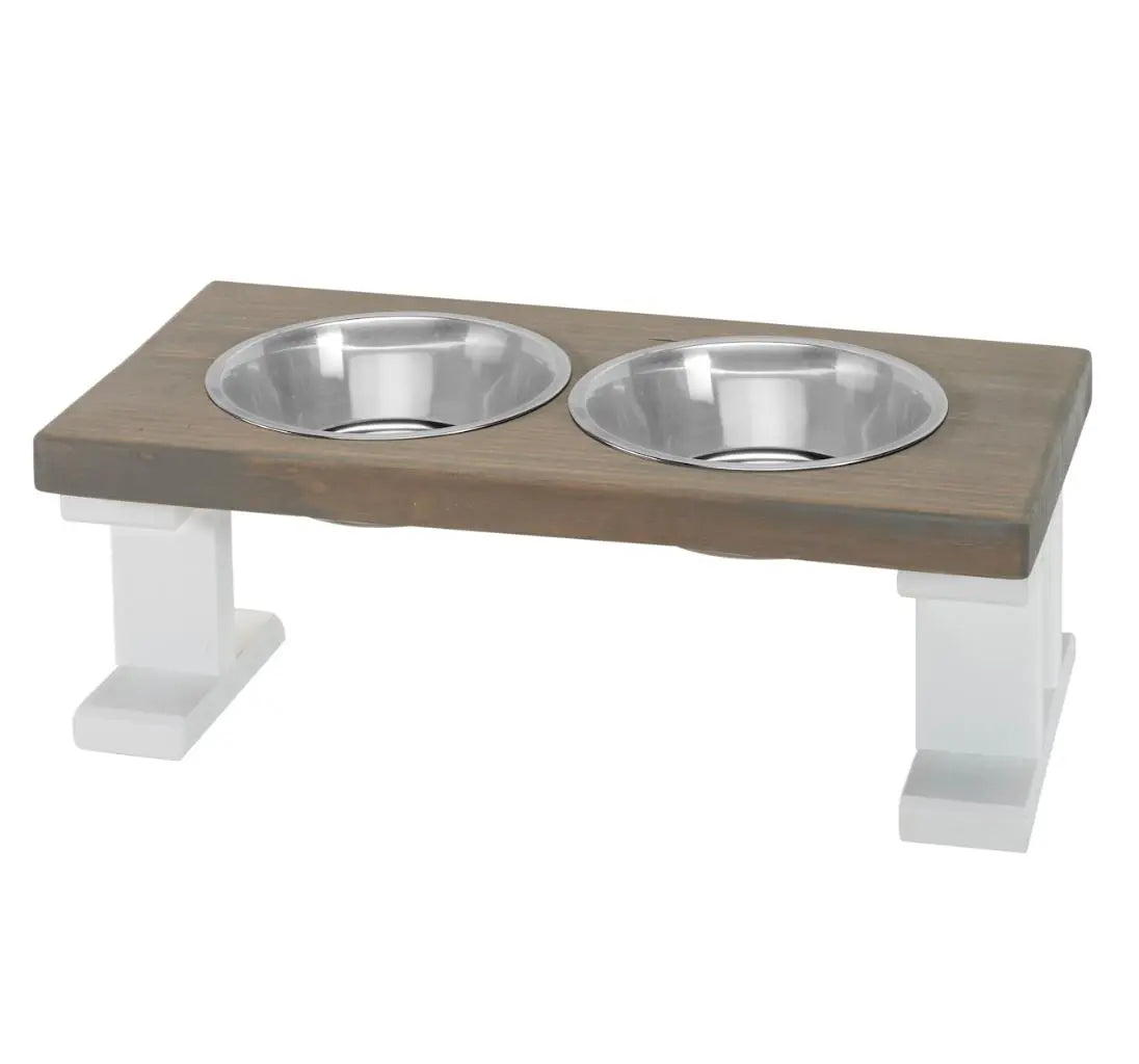 Two bowl Elevated raised dog feeder with stained sealer Dog Food bowls