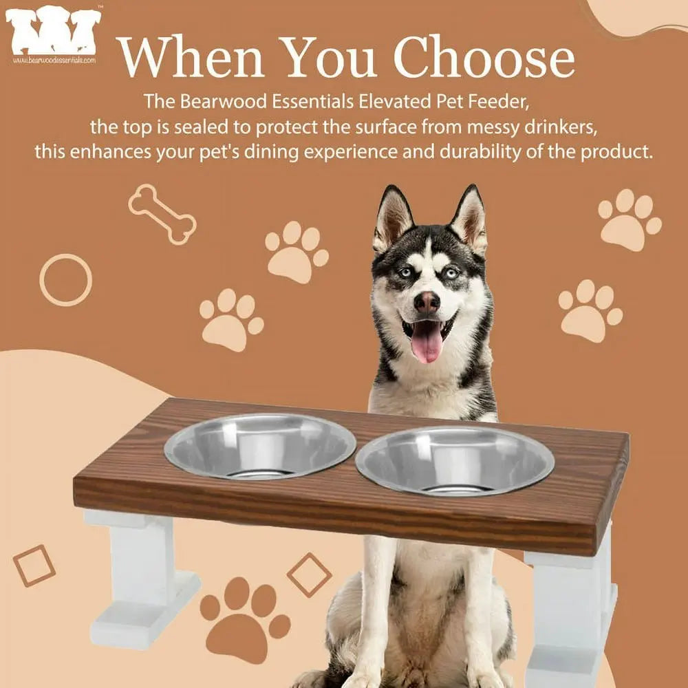 2 Bowl Elevated Regular Feeder - New Design - White Base BearwoodEssentials-Elevated Pet Feeders