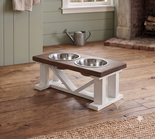 2 Bowl Elevated Dog Stand, Best Raised Dog Feeder with Stained Top - White Base BearwoodEssentials-Elevated Pet Feeders