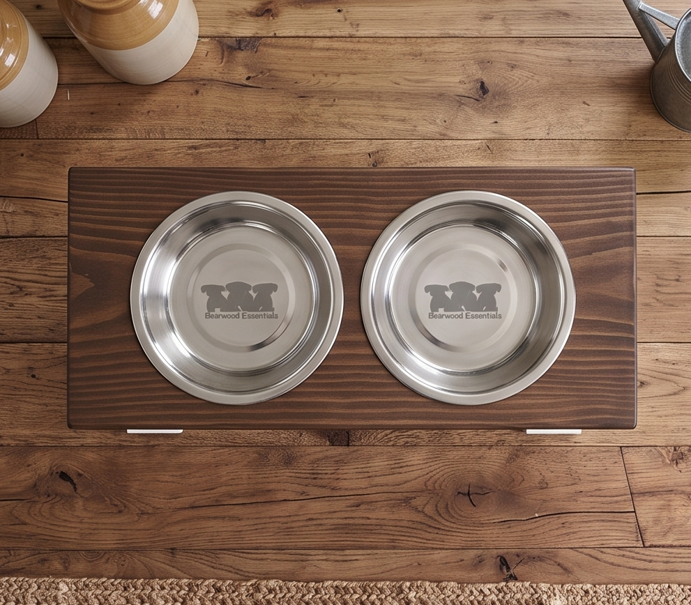 2 Bowl Elevated Dog Stand, Best Raised Dog Feeder with Stained Top - White Base BearwoodEssentials-Elevated Pet Feeders