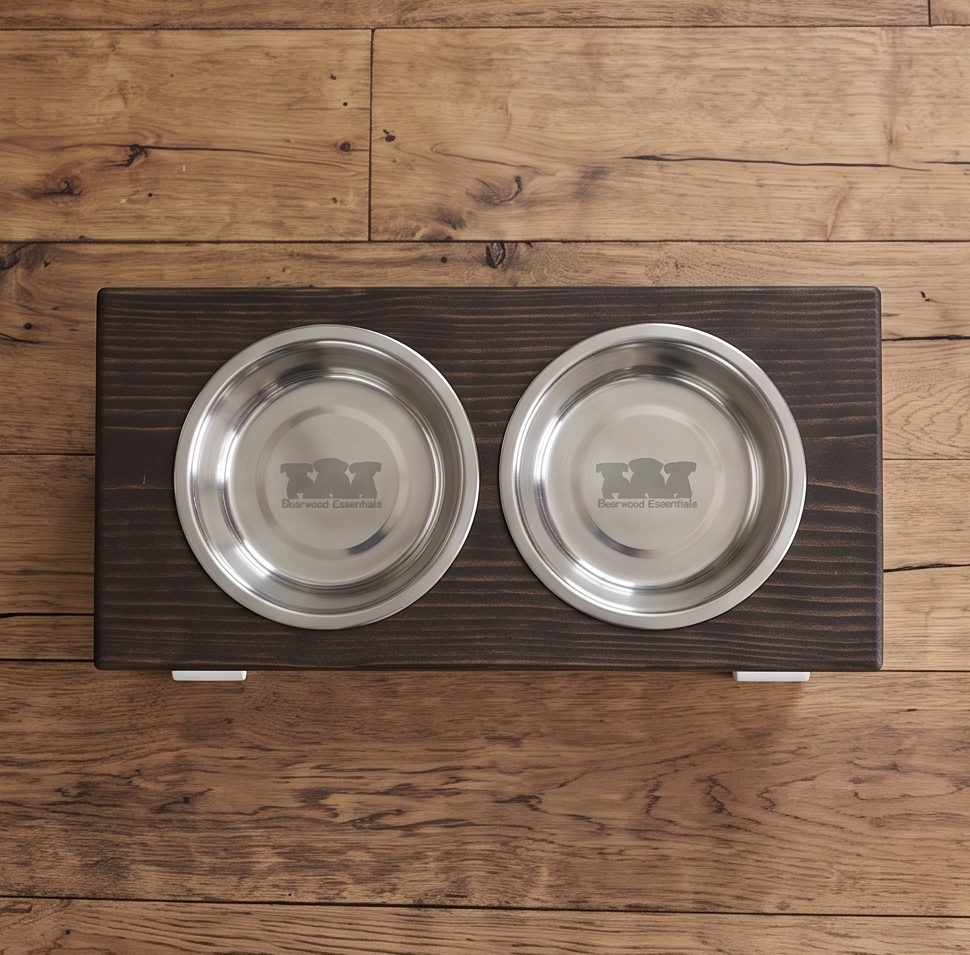 2 Bowl Elevated Dog Stand, Best Raised Dog Feeder with Stained Top - White Base BearwoodEssentials-Elevated Pet Feeders
