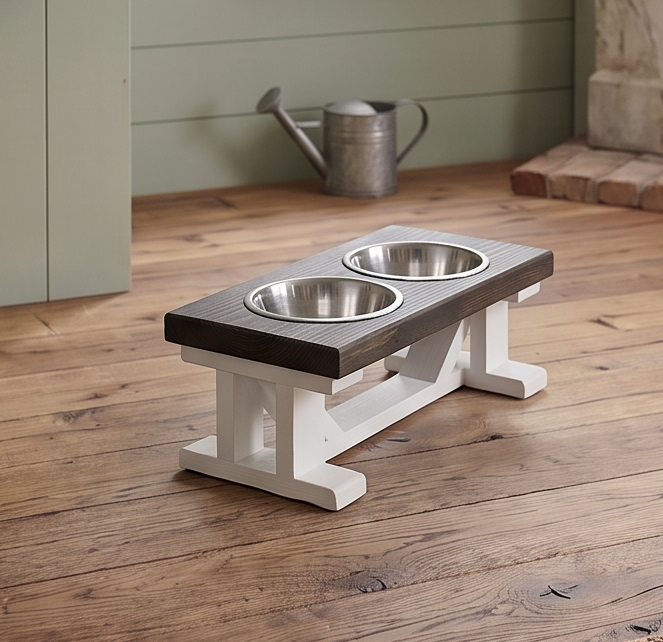2 Bowl Elevated Dog Stand, Best Raised Dog Feeder with Stained Top - White Base BearwoodEssentials-Elevated Pet Feeders