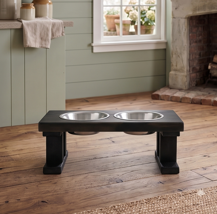 2 Bowl Elevated Regular Feeder - New Design - Black base BearwoodEssentials-Elevated Pet Feeders