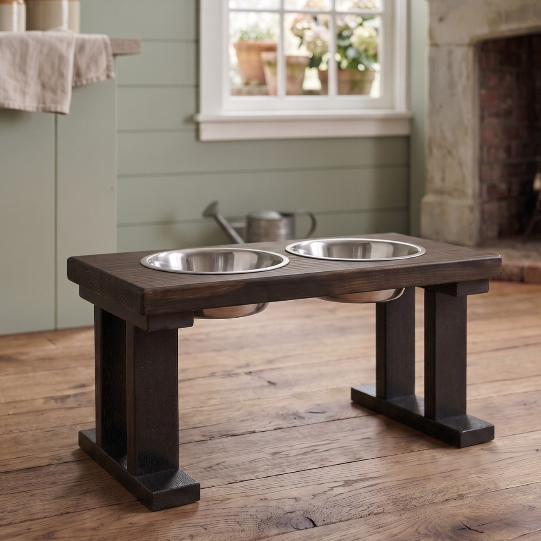 2 Bowl Elevated Regular Feeder - New Design - Black base BearwoodEssentials-Elevated Pet Feeders