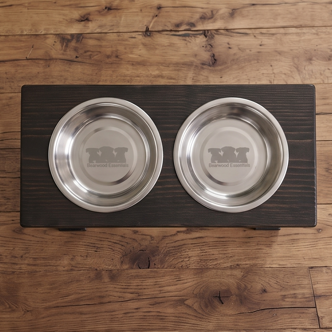 2 Bowl Elevated Regular Feeder - New Design - Black base BearwoodEssentials-Elevated Pet Feeders