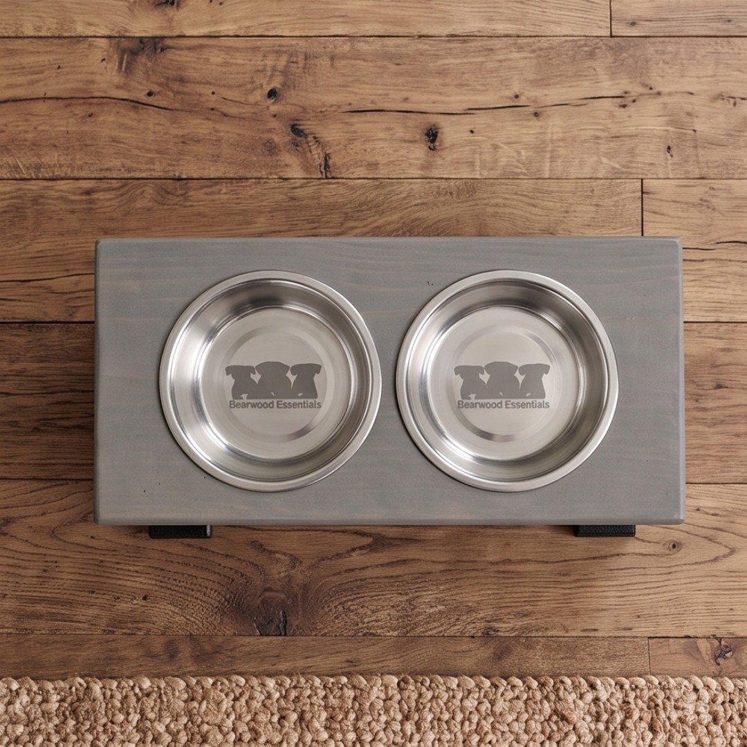 2 Bowl Elevated Regular Feeder - New Design - Black base BearwoodEssentials-Elevated Pet Feeders