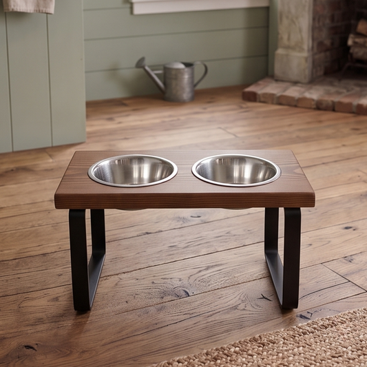 Metal dog bowl feeder. Handmade in two sizes to fit medium or large size dog. BearwoodEssentials-Elevated Pet Feeders