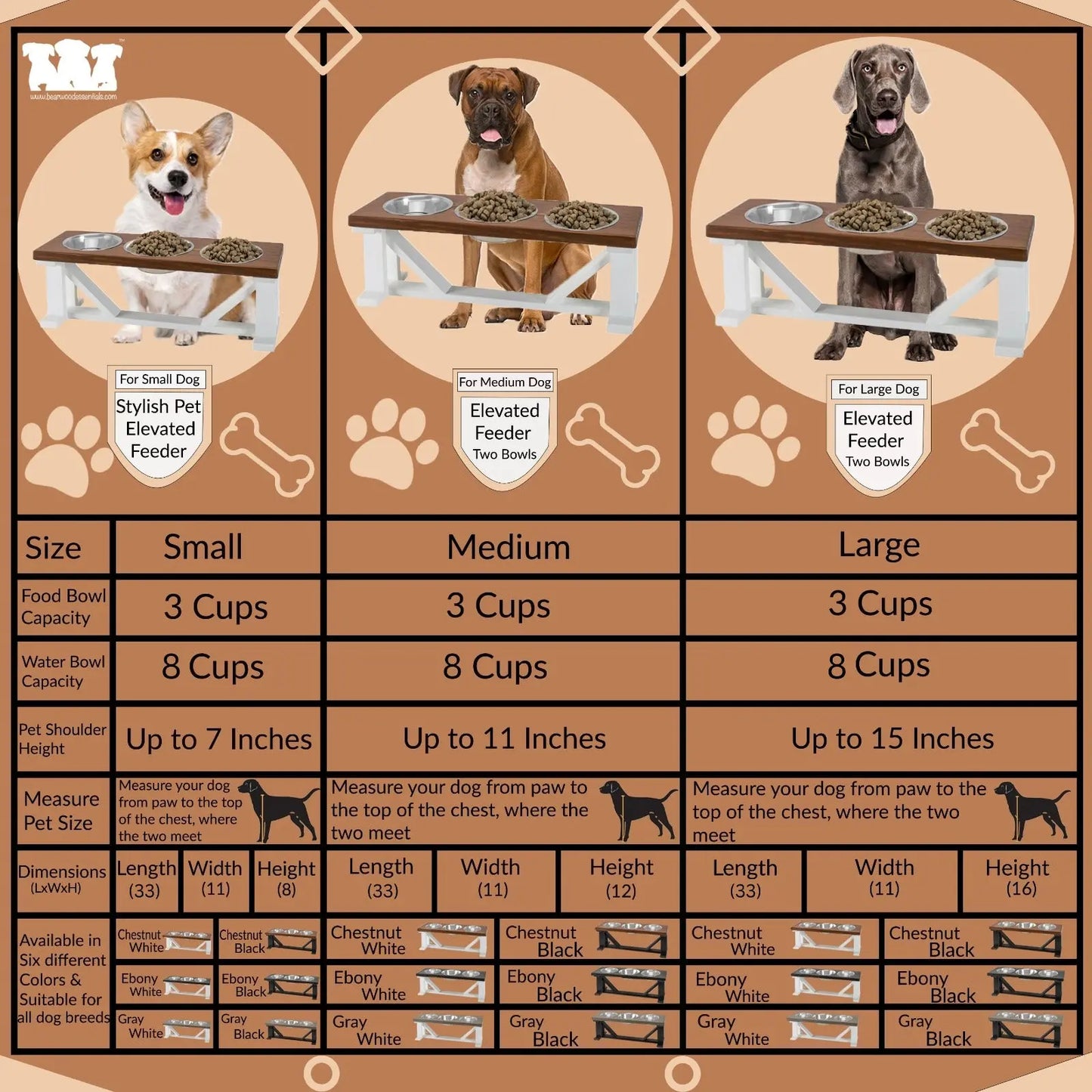 3 Bowl Dog Feeder and Stand Best Triple Diner Feeder For Your Pet - White Base BearwoodEssentials-Elevated Pet Feeders